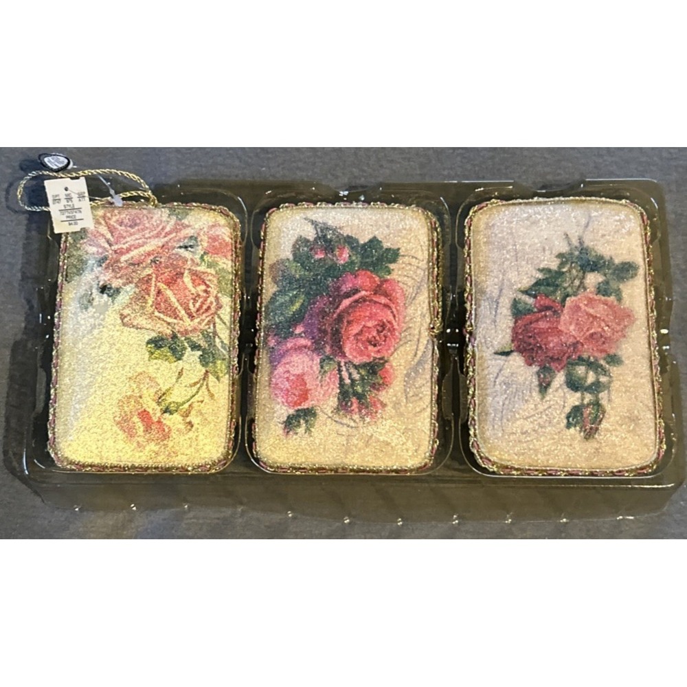 VTG Dillard's Trimmings Rose Ornaments Pink Red Rectangle Christmas Victorian